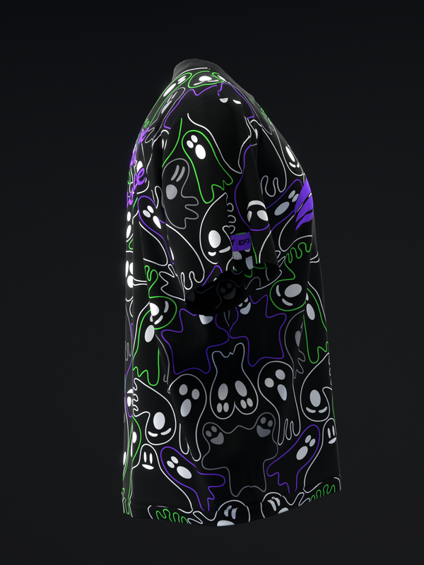 Black bowling jersey with neon ghost and ghouls print, front view