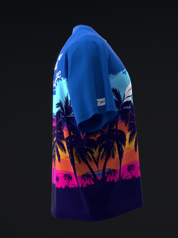 Blue bowling jersey with tropical palm tree sunset gradient design from neckline down