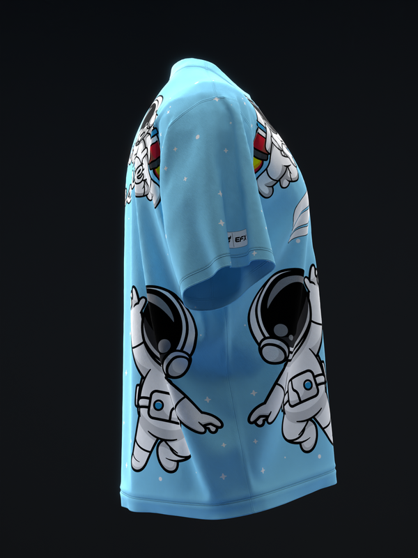 Light blue bowling jersey with cartoon astronauts and colorful flag graphics