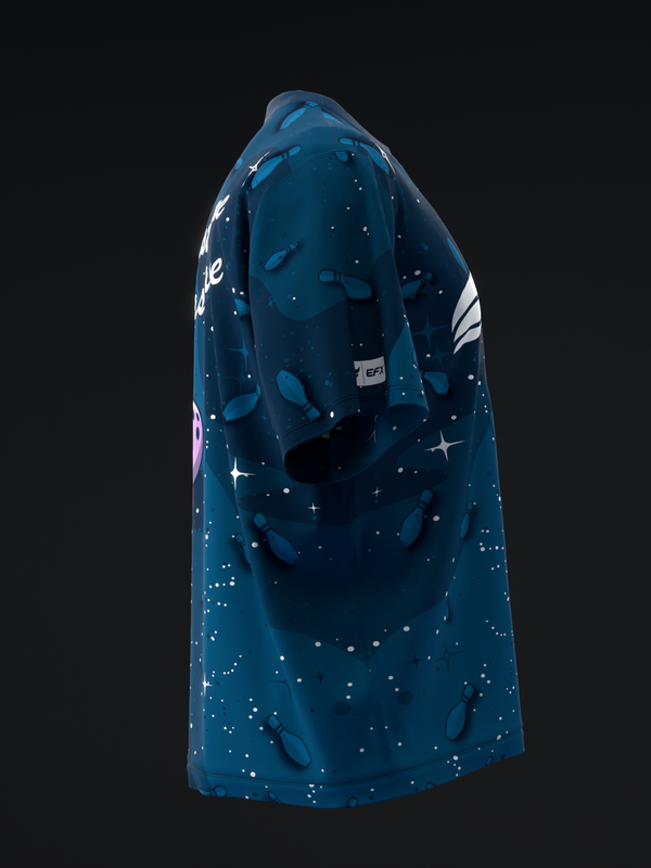 Dark blue bowling jersey with white stars and celestial pattern, side view