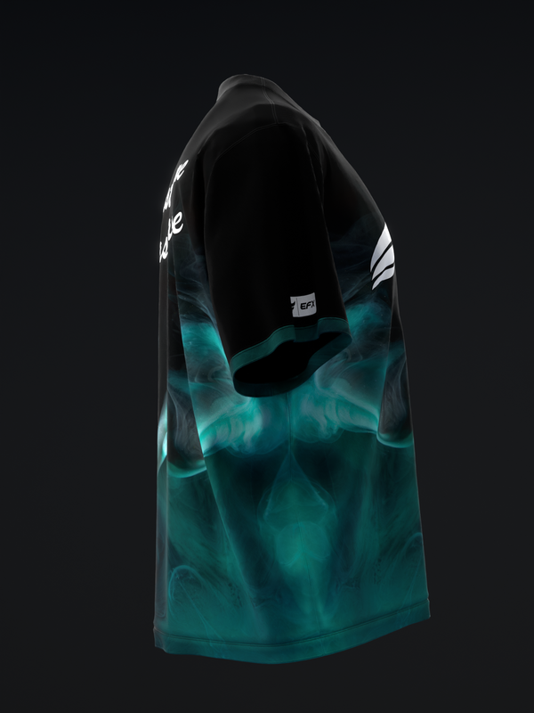 Black bowling jersey with teal smoke graphic design, side view