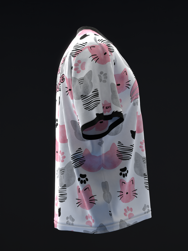 White bowling jersey with pink and gray watercolor cat faces and paw prints