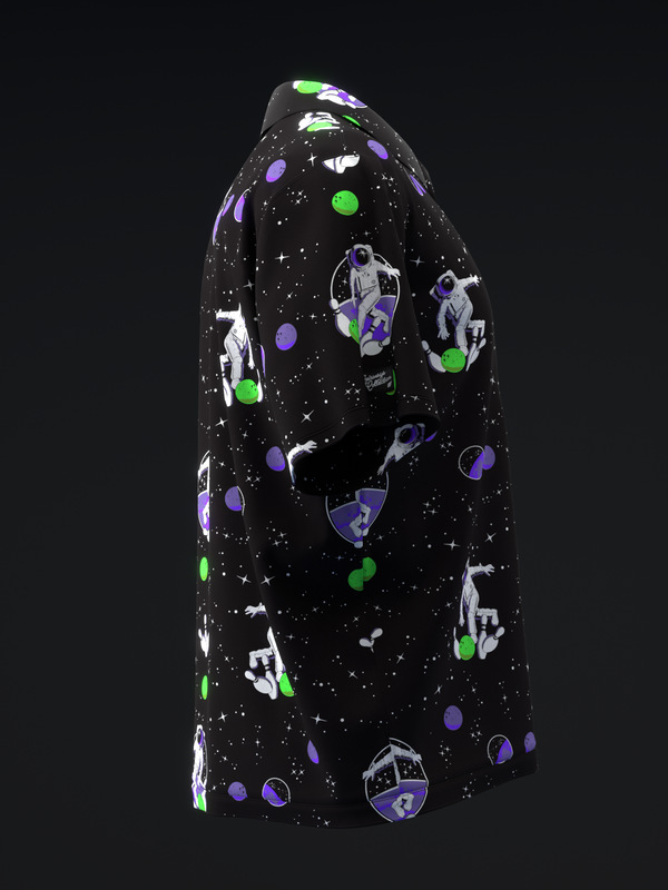 Black bowling polo shirt with neon green and purple space-themed graphic print