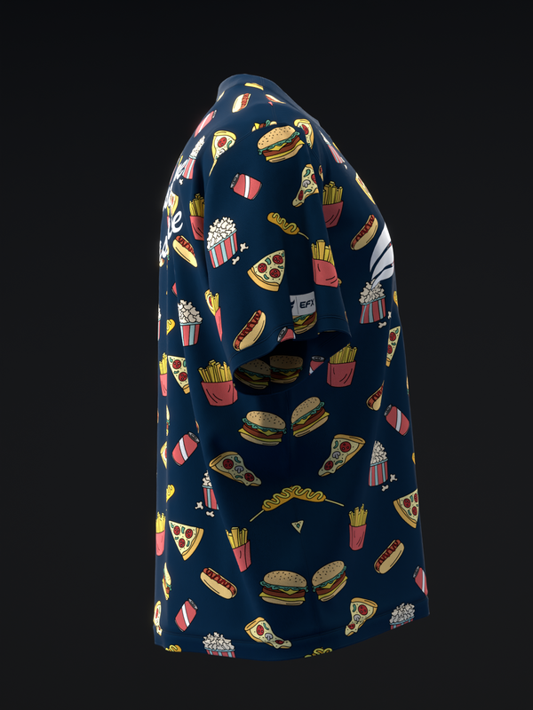 Navy bowling jersey with colorful fast food print pattern, back view