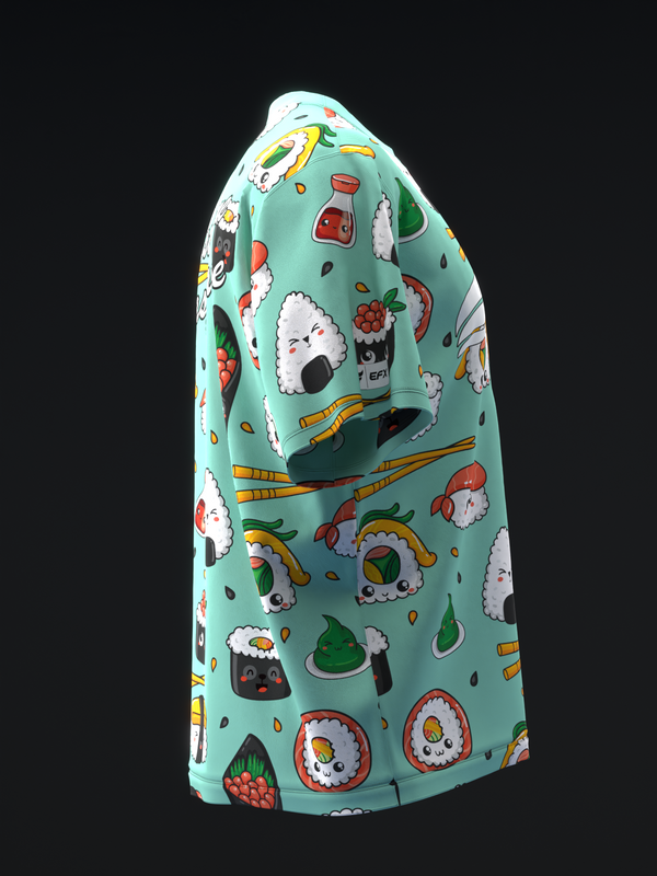 Teal bowling jersey with whimsical sushi and food character print design