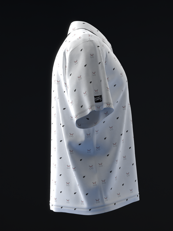 White bowling polo with scattered bowling pin and ball pattern, side view