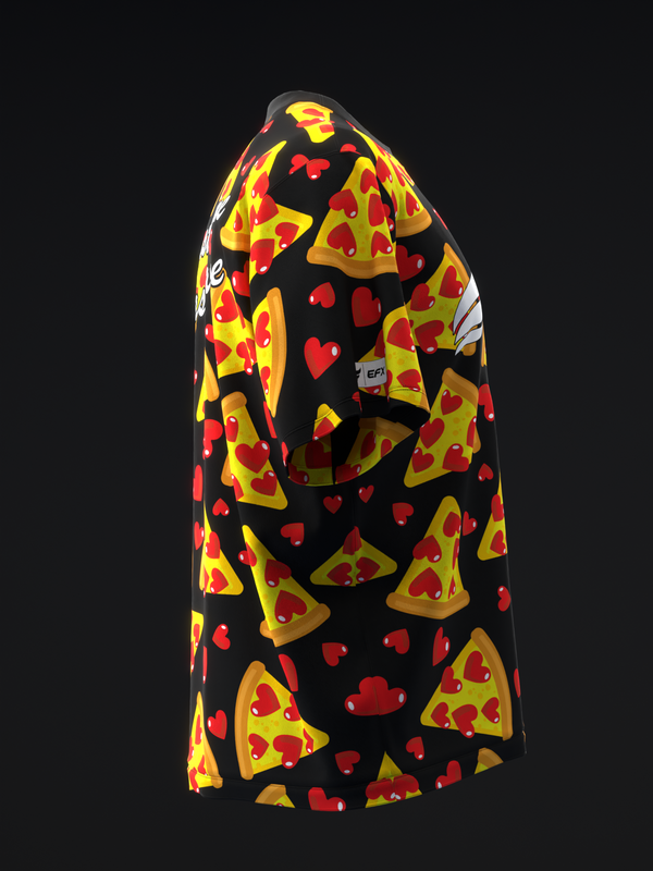 Black bowling jersey with pizza and heart print, back view