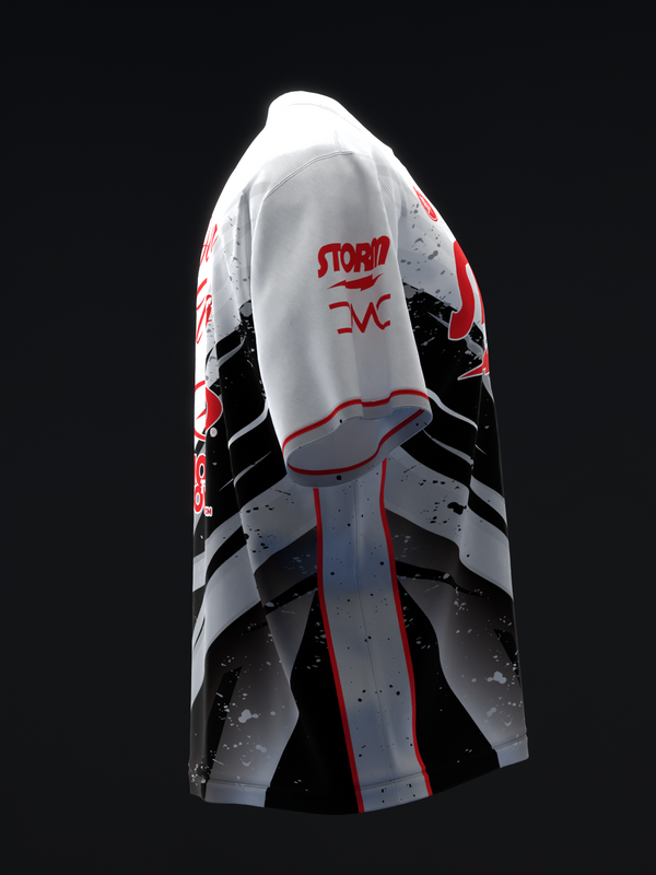 White bowling jersey with black and red abstract design and splatter pattern