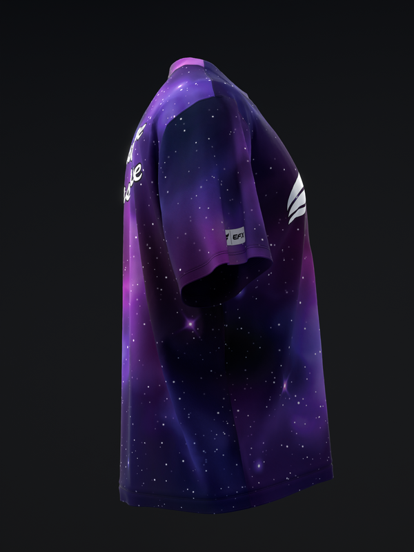 Purple bowling jersey with galaxy pattern and white stripe details, side view