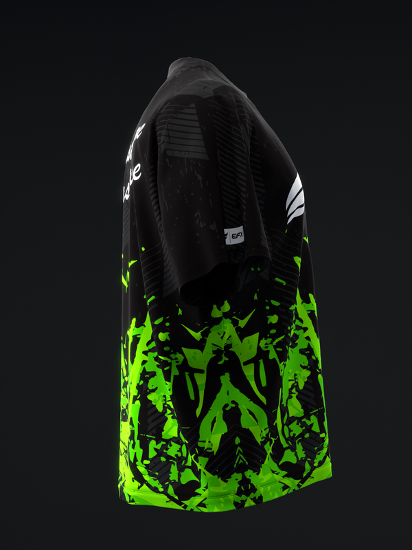 Black bowling jersey with neon green splatter pattern on lower half
