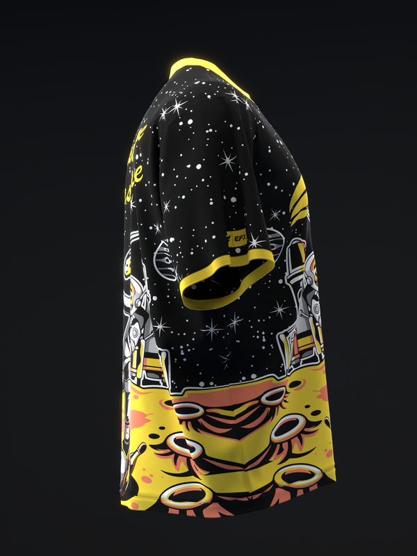 Black bowling jersey with yellow trim, astronaut and space graphic design