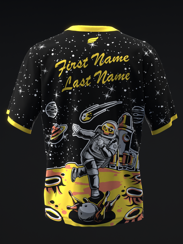 Black bowling jersey with yellow accents and space-themed astronaut graphic