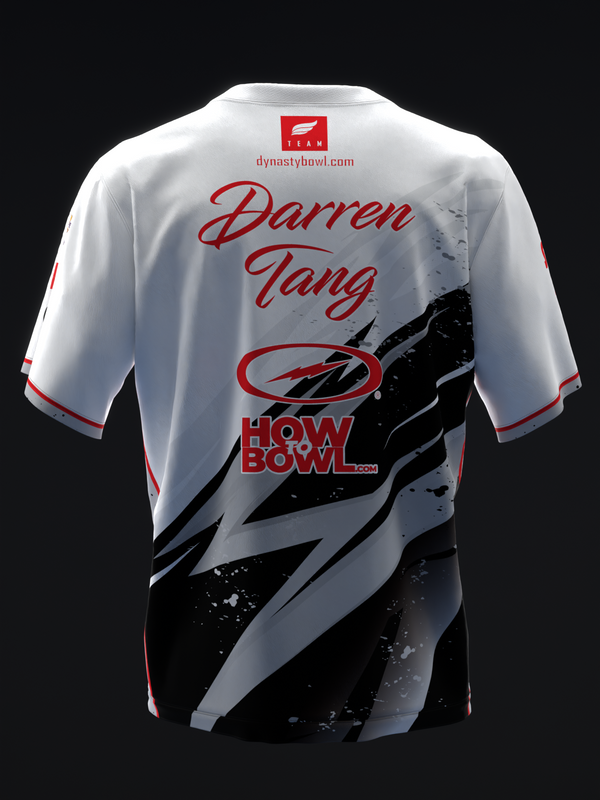 White bowling jersey back with red text, black swoosh graphic, and red trim details