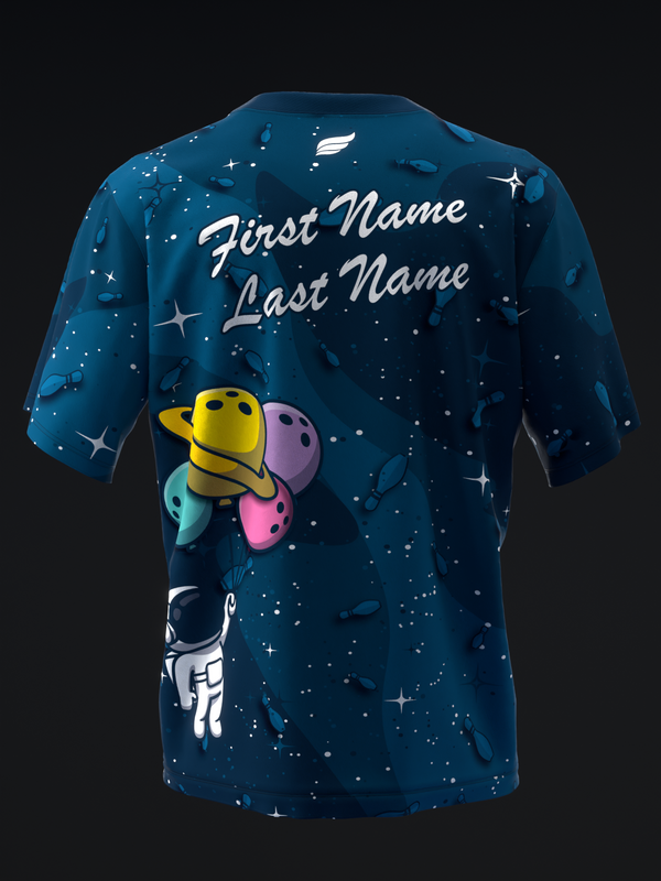 Dark blue bowling jersey back with colorful bowling pins and astronaut graphic