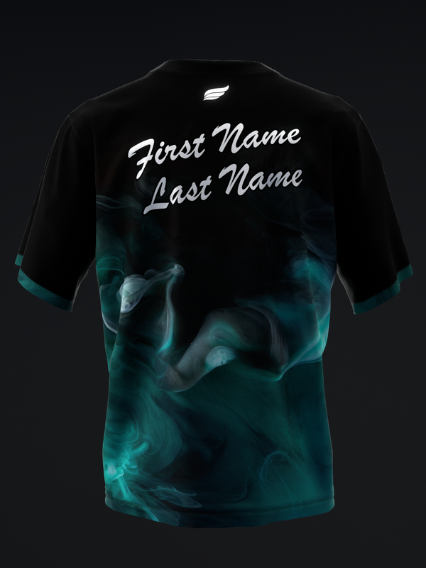 Black bowling jersey with teal smoke graphic and customizable name text
