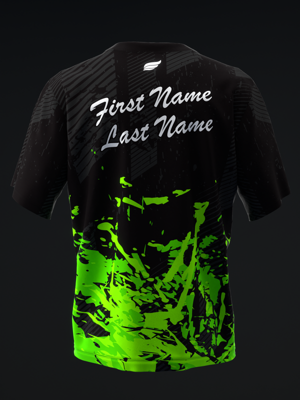 Black and neon green bowling jersey with personalized name placement and splatter pattern