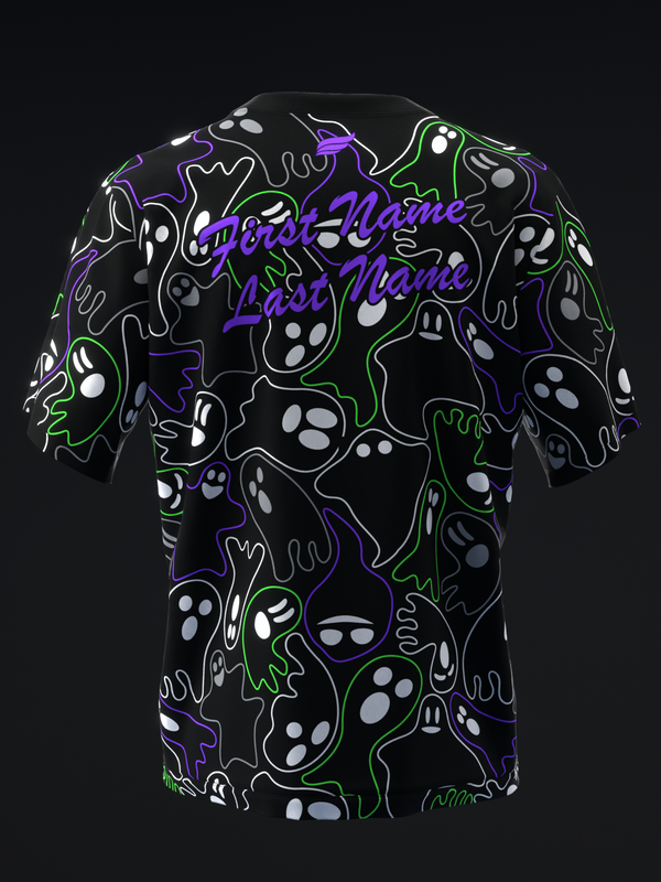 Black bowling jersey with neon ghost and outline pattern front view