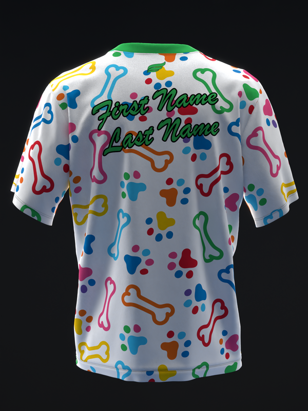 White bowling jersey with colorful bone and paw print pattern, back view