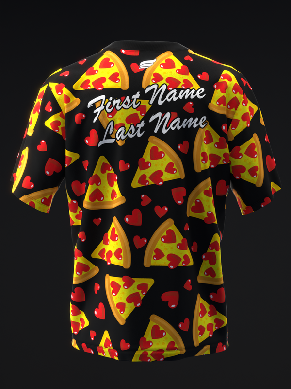 Black bowling jersey with pizza slice and heart pattern throughout front view