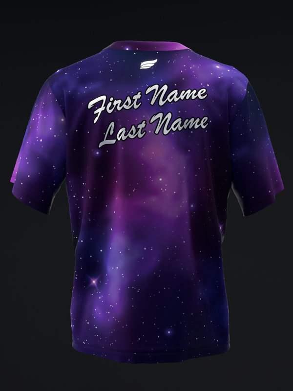 Purple galaxy bowling jersey with personalized name text on back view
