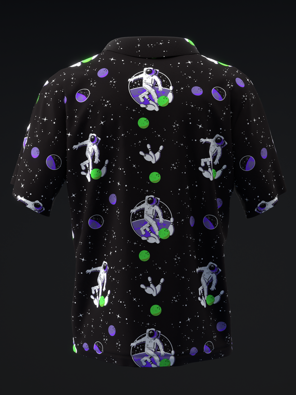 Black bowling polo with astronauts, planets, and stars throughout