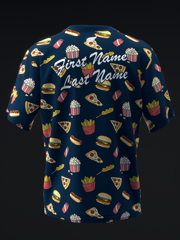 Navy bowling jersey with fast food print and personalized name placement on back