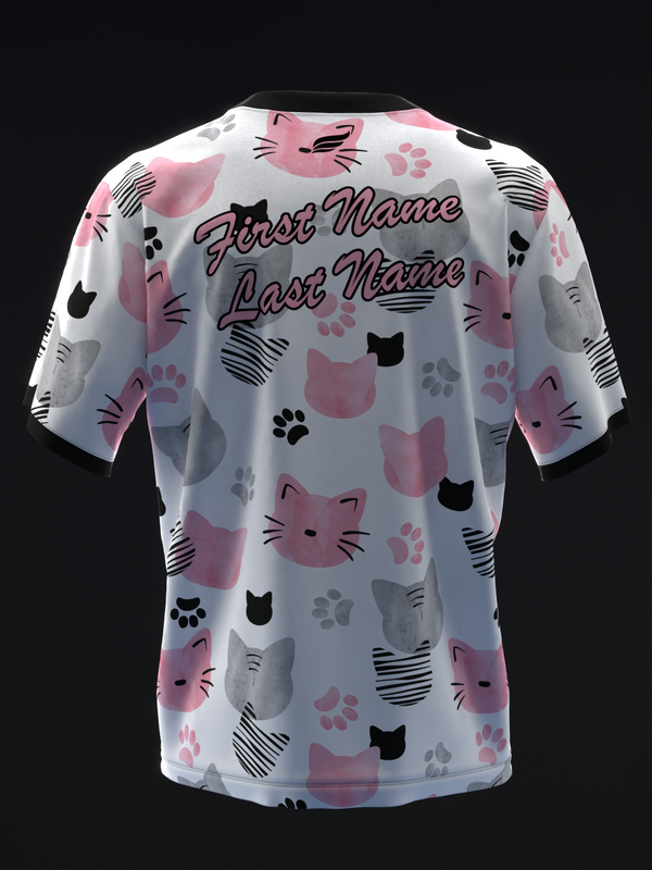 White bowling jersey with pink and black cat faces, paw prints, and whisker details throughout