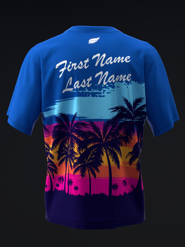 Blue bowling jersey with personalized names and tropical sunset palm tree graphic
