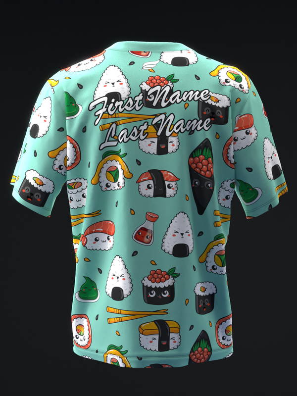 Teal bowling jersey with playful sushi character print and personalization text
