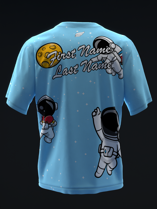 Light blue bowling jersey with astronauts, moon, and personalized name text back view