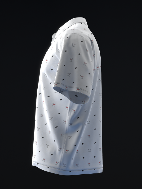 White bowling polo with scattered bowling pin and ball pattern, side view