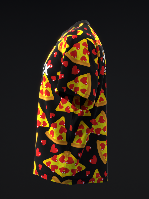 Black bowling jersey with pizza slices and red hearts allover print