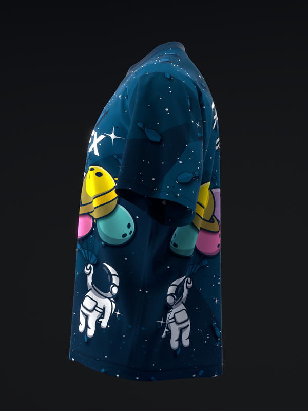 Dark blue bowling jersey with space theme featuring astronauts and planets