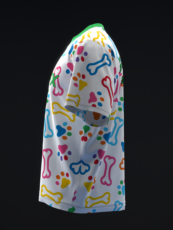 White bowling jersey with colorful bones, hearts, and paw print pattern, side view