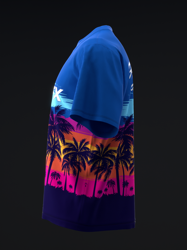 Blue bowling jersey with tropical sunset and palm tree graphic design