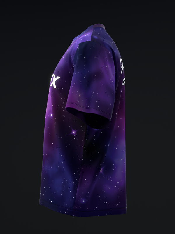 Purple bowling jersey with galaxy starfield pattern and white star graphic