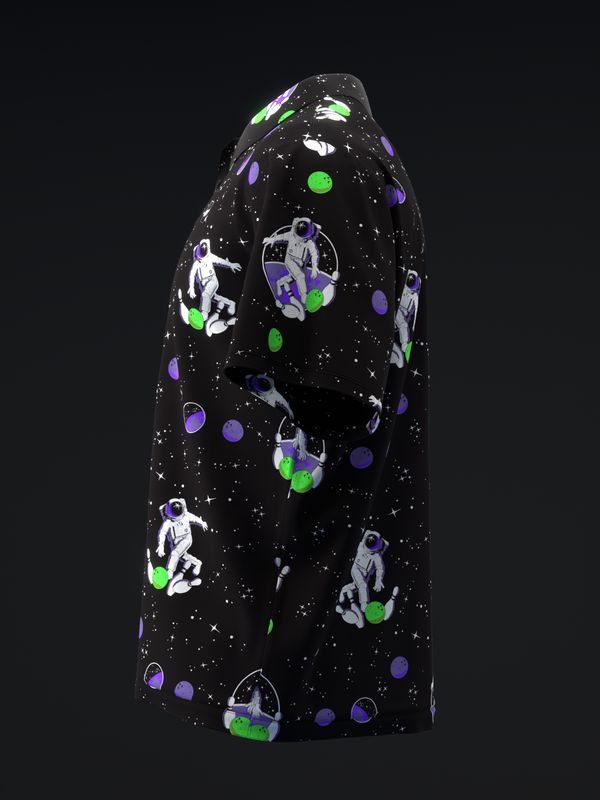 Black polo with neon space astronauts, planets, and stars graphic design