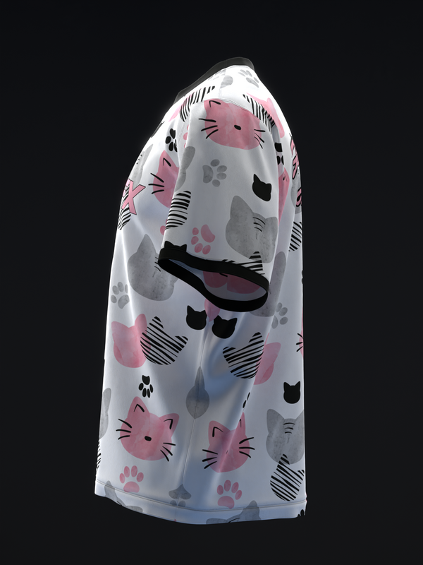 White bowling jersey with pink and gray cat faces and paw print pattern, front view