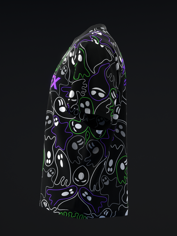 Black bowling jersey with neon ghost and character print design, front view