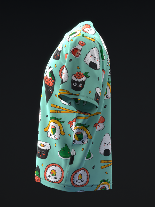 Teal bowling jersey with colorful sushi and soy sauce cartoon print, side view