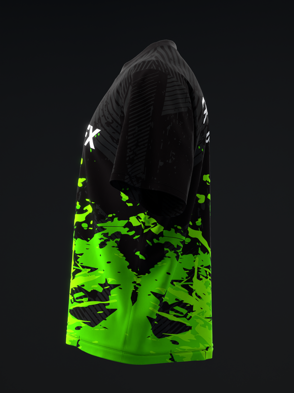 Black and neon green bowling jersey with abstract graphic design, back view