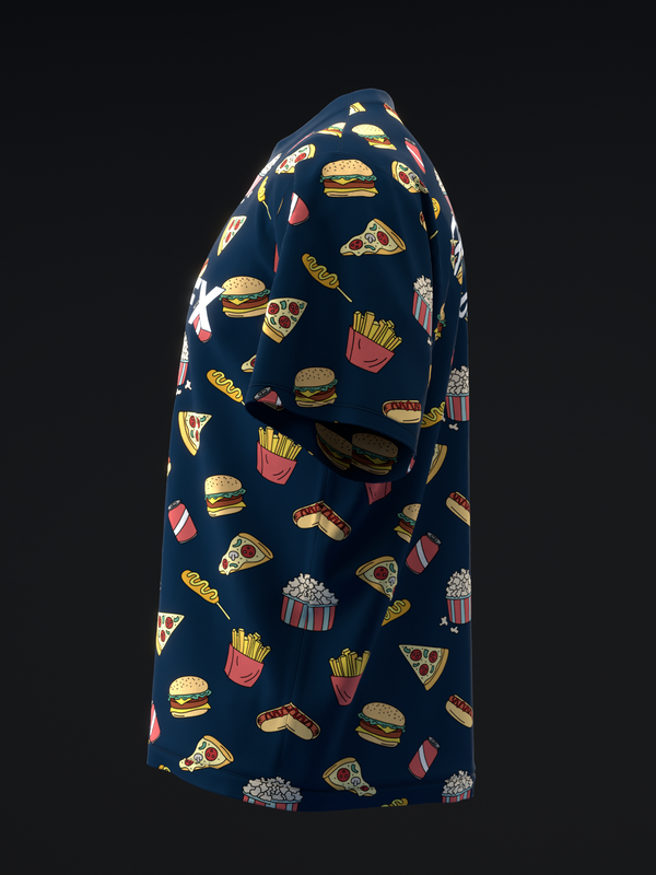 Navy bowling jersey with all-over fast food graphic print, side view