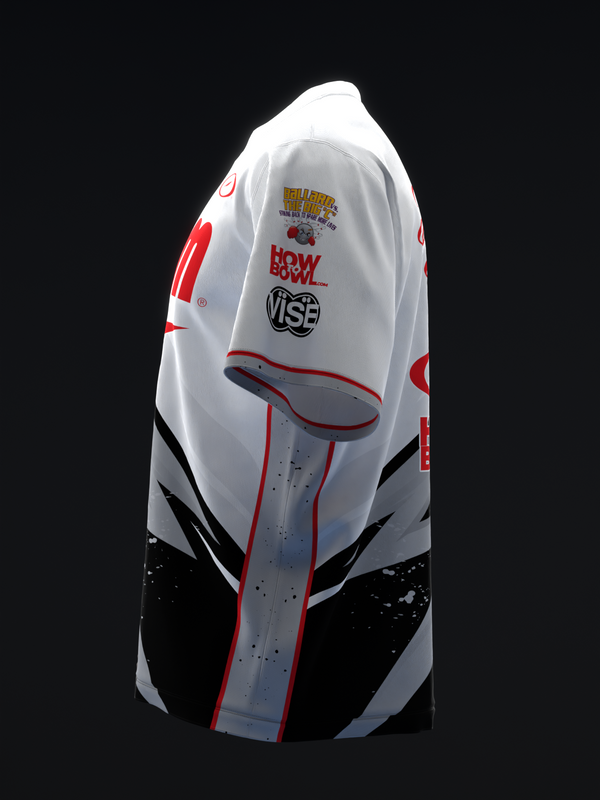 White bowling jersey with red and black accents and brand logos, side view
