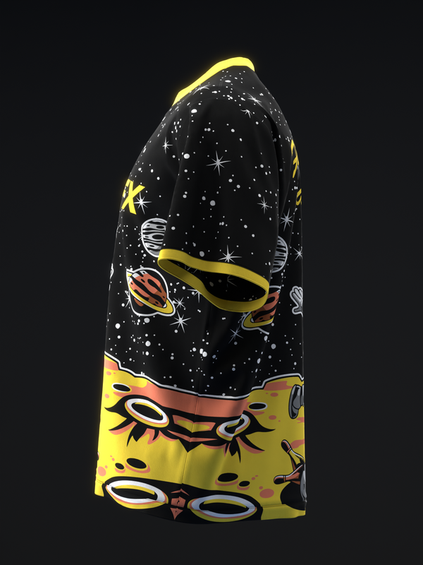 Black bowling jersey with cosmic and planet design on front panel view