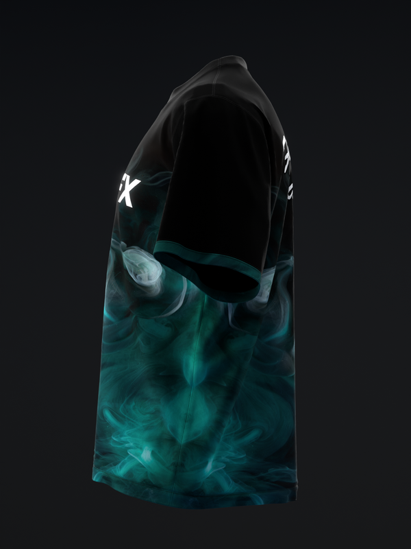 Black bowling jersey with teal liquid smoke pattern and white star logo