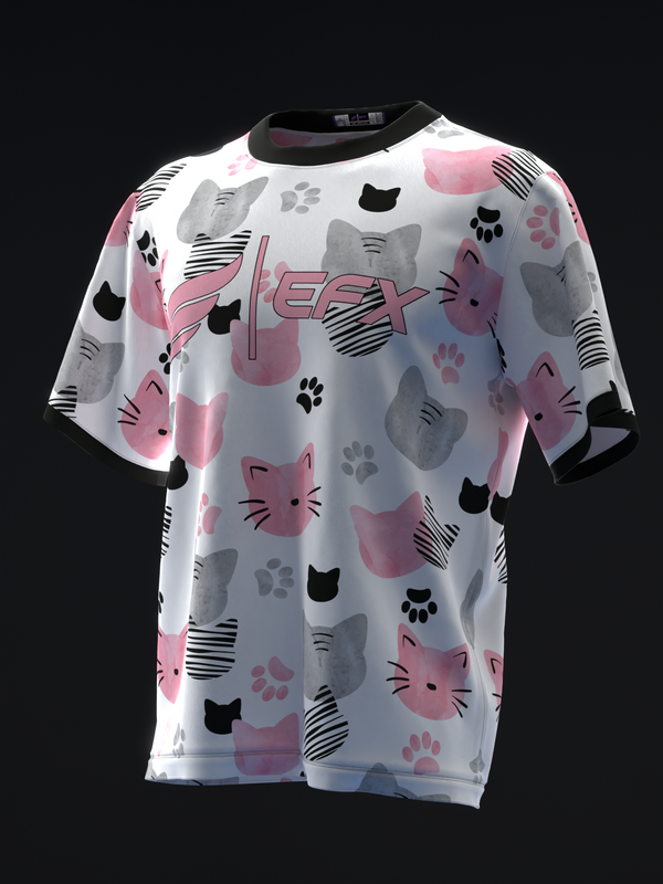 White bowling jersey with pink and gray cat heads, paw prints, and black stripes throughout