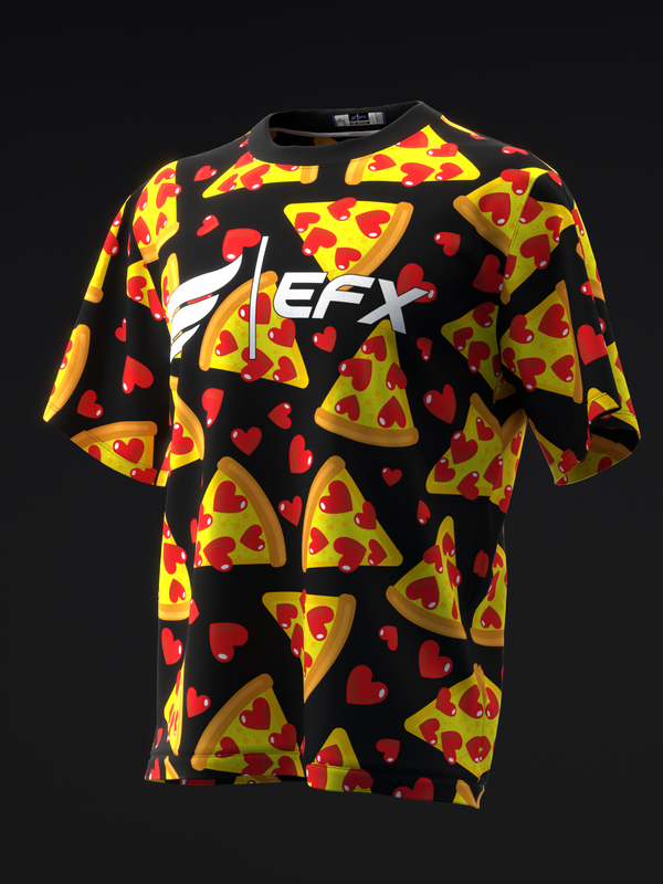 Black bowling jersey with yellow and red pizza slice and heart pattern