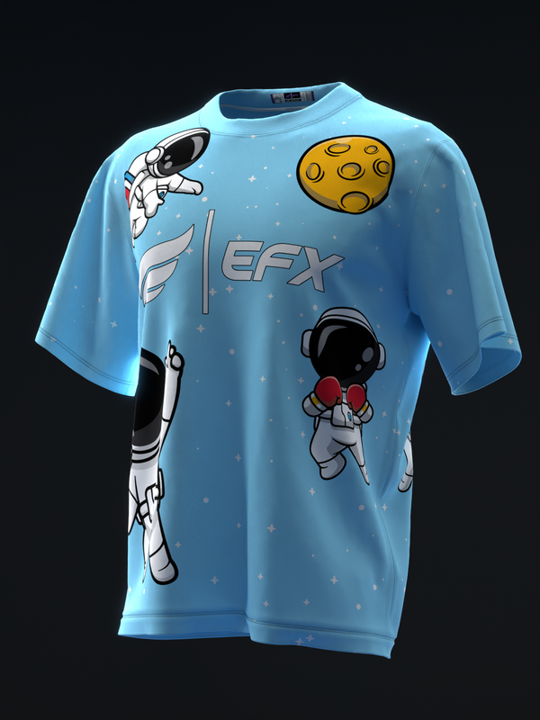 Light blue bowling jersey with cartoon astronauts and moon graphic design