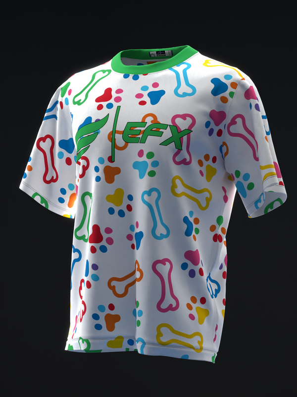 White bowling jersey with colorful bones, hearts, and paw print allover pattern, front view