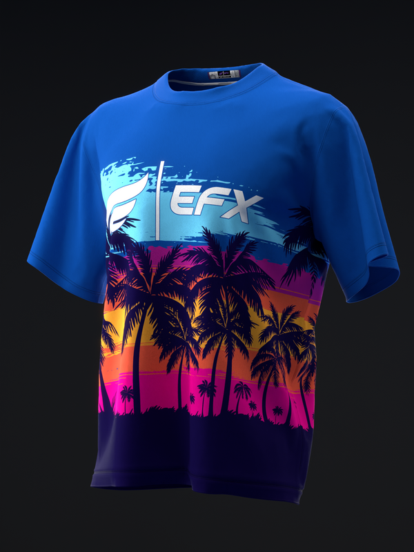 Blue bowling jersey with colorful gradient palm tree sunset graphic front view